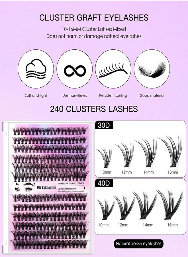 Segmented False Eyelashes Set Single Cluster Natural Large Volume Grafted Eyelashes 10-16MM Personal Eyelash Extensions With Bonding And Sealing Eyelash Glue And Eyelash Extension Tweezers DIY