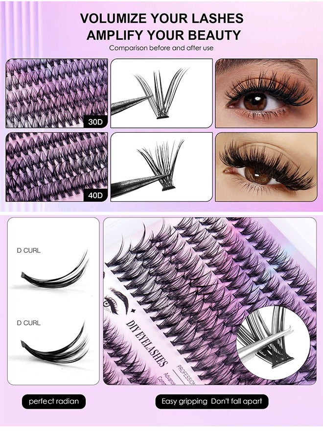 Segmented False Eyelashes Set Single Cluster Natural Large Volume Grafted Eyelashes 10-16MM Personal Eyelash Extensions With Bonding And Sealing Eyelash Glue And Eyelash Extension Tweezers DIY