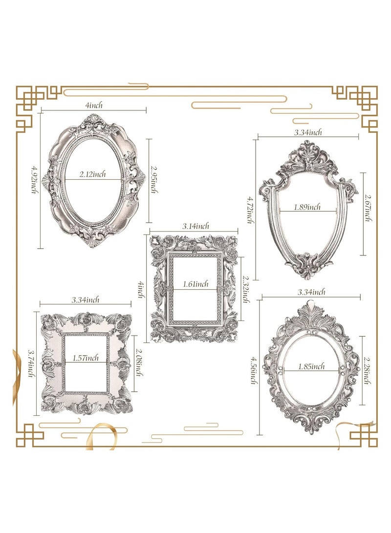 5 Pcs Antique Silver Resin Photo Frame Set, Vintage Oval & Rectangle Wall Hanging Frames for Jewelry & Photography Display, DIY Home Decor