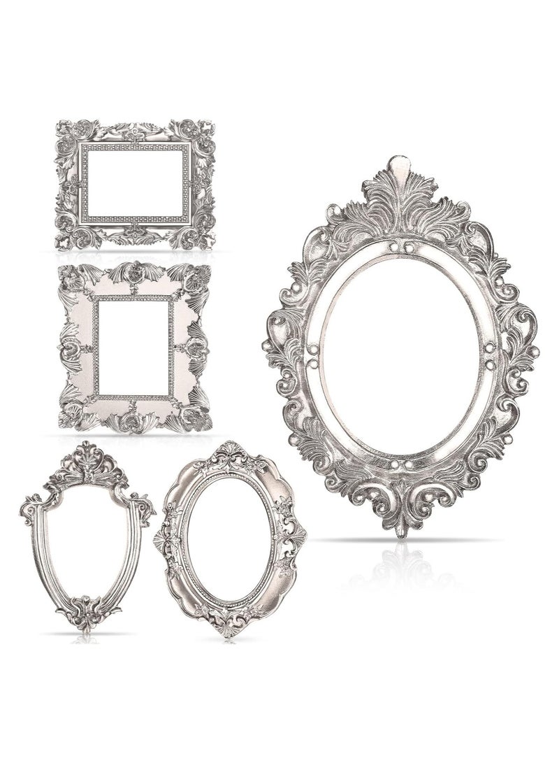 5 Pcs Antique Silver Resin Photo Frame Set, Vintage Oval & Rectangle Wall Hanging Frames for Jewelry & Photography Display, DIY Home Decor