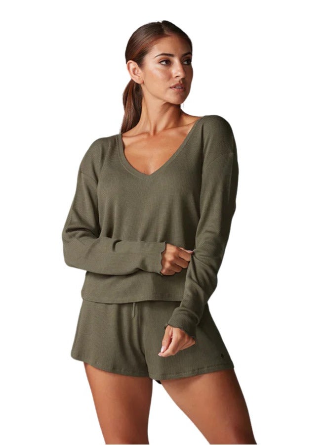 LOUNGE WAFFLE LONG SLEEVE TOP OLIVE XSMALL