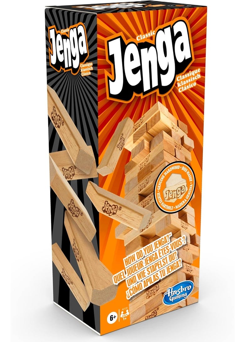 Hasbro Classic Jenga Game with Genuine Hardwood Blocks - Family-Friendly Stacking Tower Game for Kids Ages 6+, Ideal for Parties, Indoor Fun, and Gift Giving - Perfect Birthday Present & All Occasions