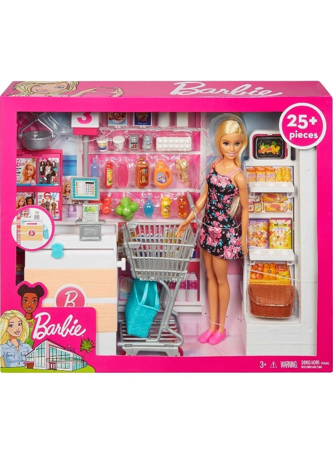 Barbie Doll, Blonde, And Grocery Store With Rolling Cart And Working Belt