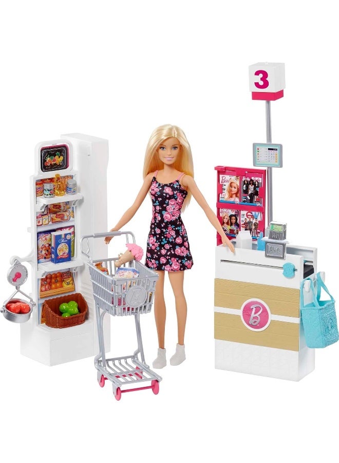 Barbie Doll, Blonde, And Grocery Store With Rolling Cart And Working Belt