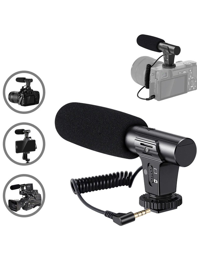 Video Recording Microphone with Long Spring Cable, Plug and Play for Phone, SLR Camera for Vlog, Interview, Podcast, Microfone