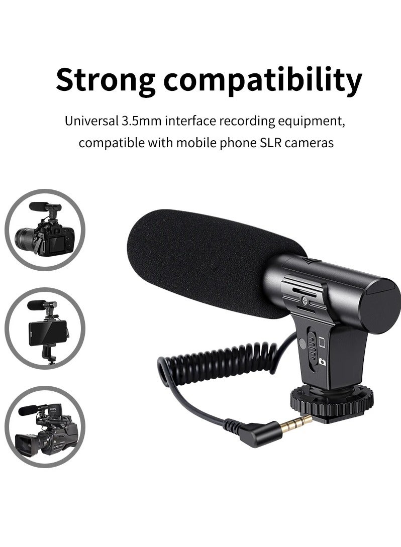 Video Recording Microphone with Long Spring Cable, Plug and Play for Phone, SLR Camera for Vlog, Interview, Podcast, Microfone