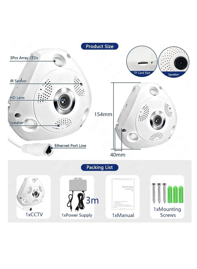 VR Panoramic Triangle High-Definition Panoramic Camera CCTV Camera With 360 °Panoramic Monitoring Without Blind Spots Security Camera Home Camera Ceiling or Walls HD 1080P Night Vision Motion Detector & Two-Way Audio for Front-Door Home Business