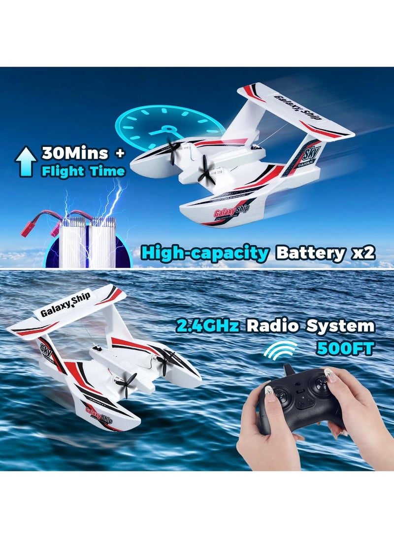 RC Plane for Water Land & Air, 3CH RC Airplane Remote Control Boat Amphibious Tri-Phibian Aircraft W/ 2 Batteries, 2.4GHz Seaplane Glider RC Floatplane for Boy Girl Adult