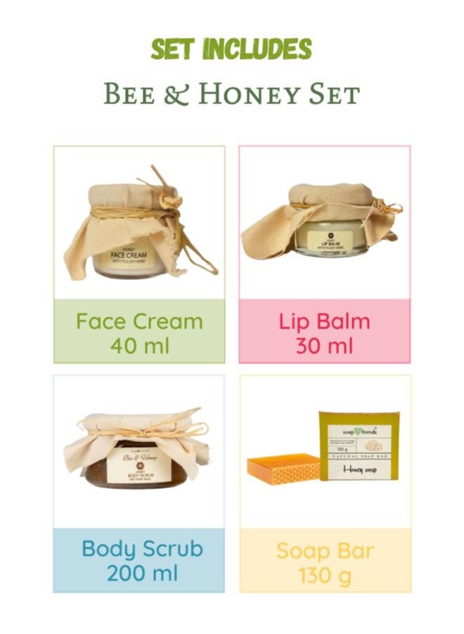Honey Face Cream, Lip Balm, Soap Bar & Body Scrub Gift Set by Soap&Friends, set of 4