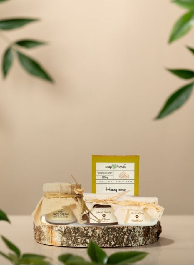 Honey Face Cream, Lip Balm, Soap Bar & Body Scrub Gift Set by Soap&Friends, set of 4