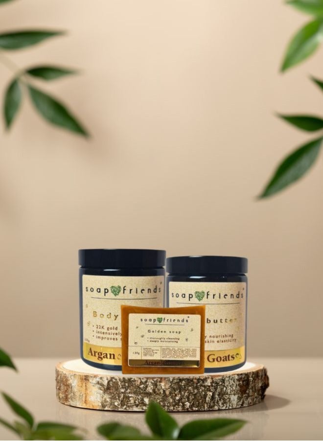 Argan & Goat 200 ml Body Scrub, 180 ml Body Butter & 130 g Soap Bar Gift Set by Soap&Friends, Set of 3