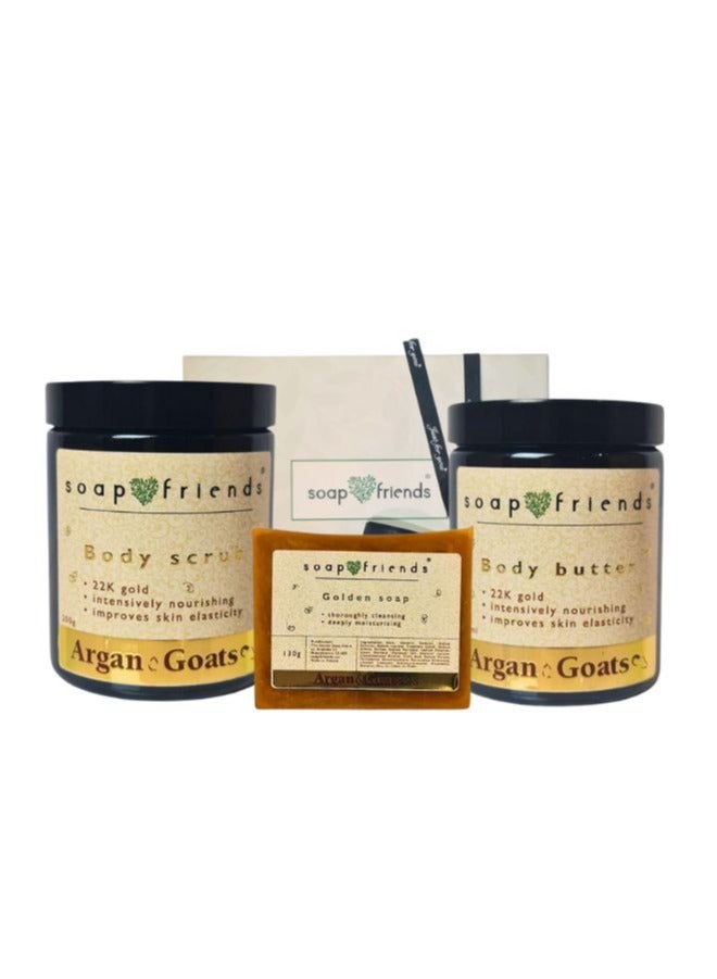 Argan & Goat 200 ml Body Scrub, 180 ml Body Butter & 130 g Soap Bar Gift Set by Soap&Friends, Set of 3
