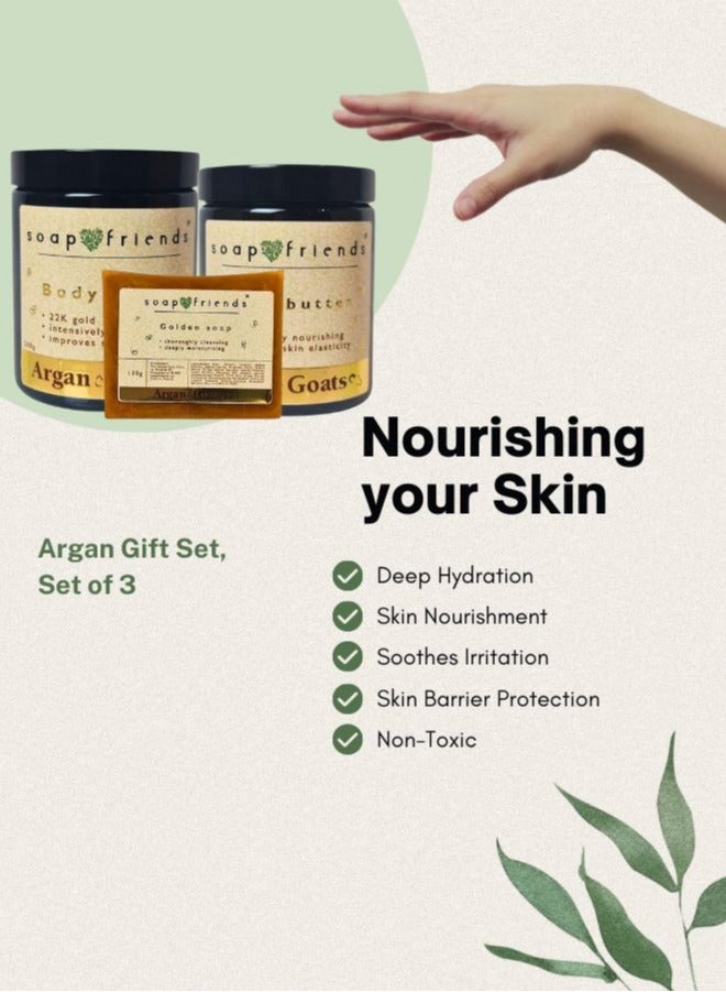 Argan & Goat 200 ml Body Scrub, 180 ml Body Butter & 130 g Soap Bar Gift Set by Soap&Friends, Set of 3
