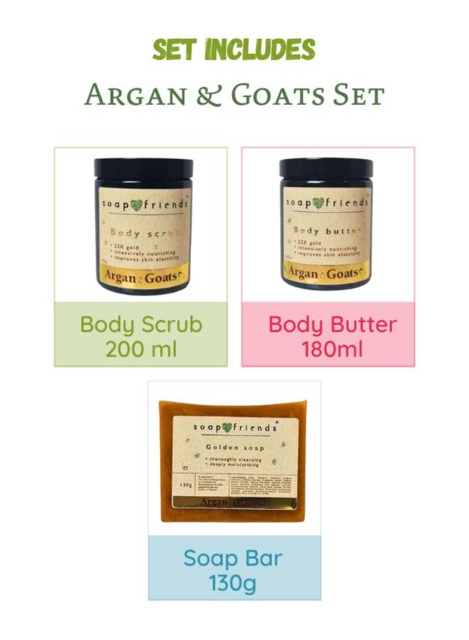 Argan & Goat 200 ml Body Scrub, 180 ml Body Butter & 130 g Soap Bar Gift Set by Soap&Friends, Set of 3