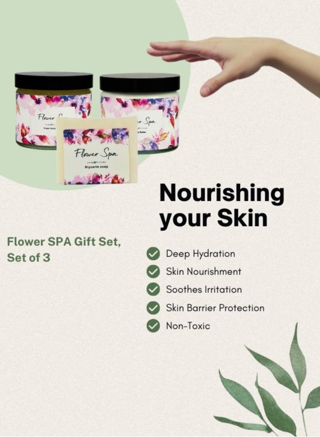 Flower Scent 250ml Body Butter, 250ml Body Scrub & 130g Soap Bar, Set of 3 Nourishing Skincare Gift for Women