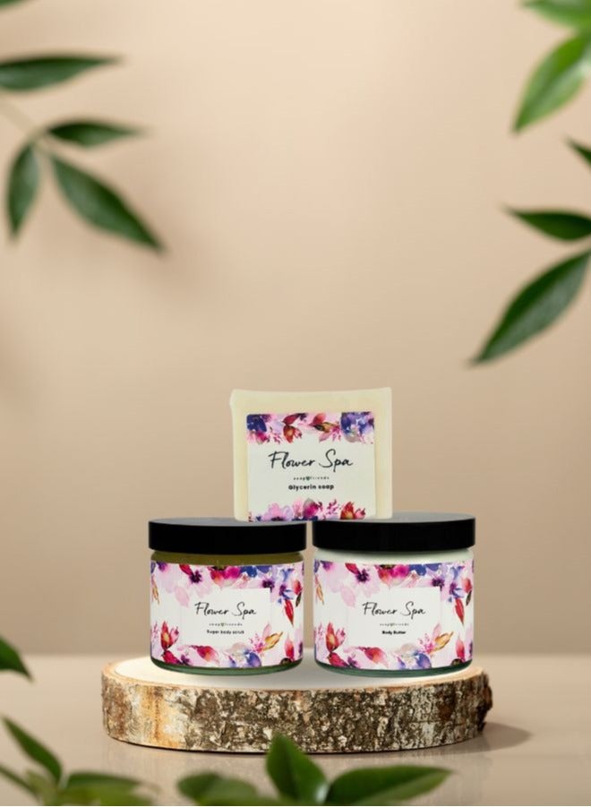 Flower Scent 250ml Body Butter, 250ml Body Scrub & 130g Soap Bar, Set of 3 Nourishing Skincare Gift for Women