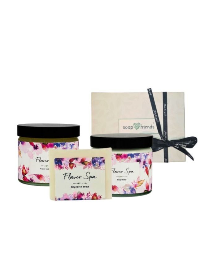 Flower Scent 250ml Body Butter, 250ml Body Scrub & 130g Soap Bar, Set of 3 Nourishing Skincare Gift for Women