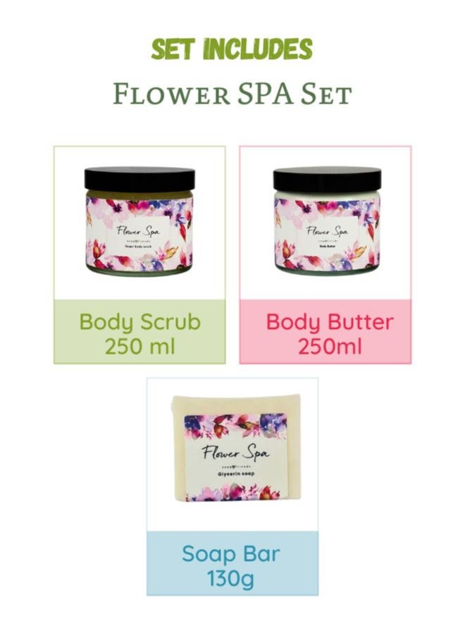 Flower Scent 250ml Body Butter, 250ml Body Scrub & 130g Soap Bar, Set of 3 Nourishing Skincare Gift for Women