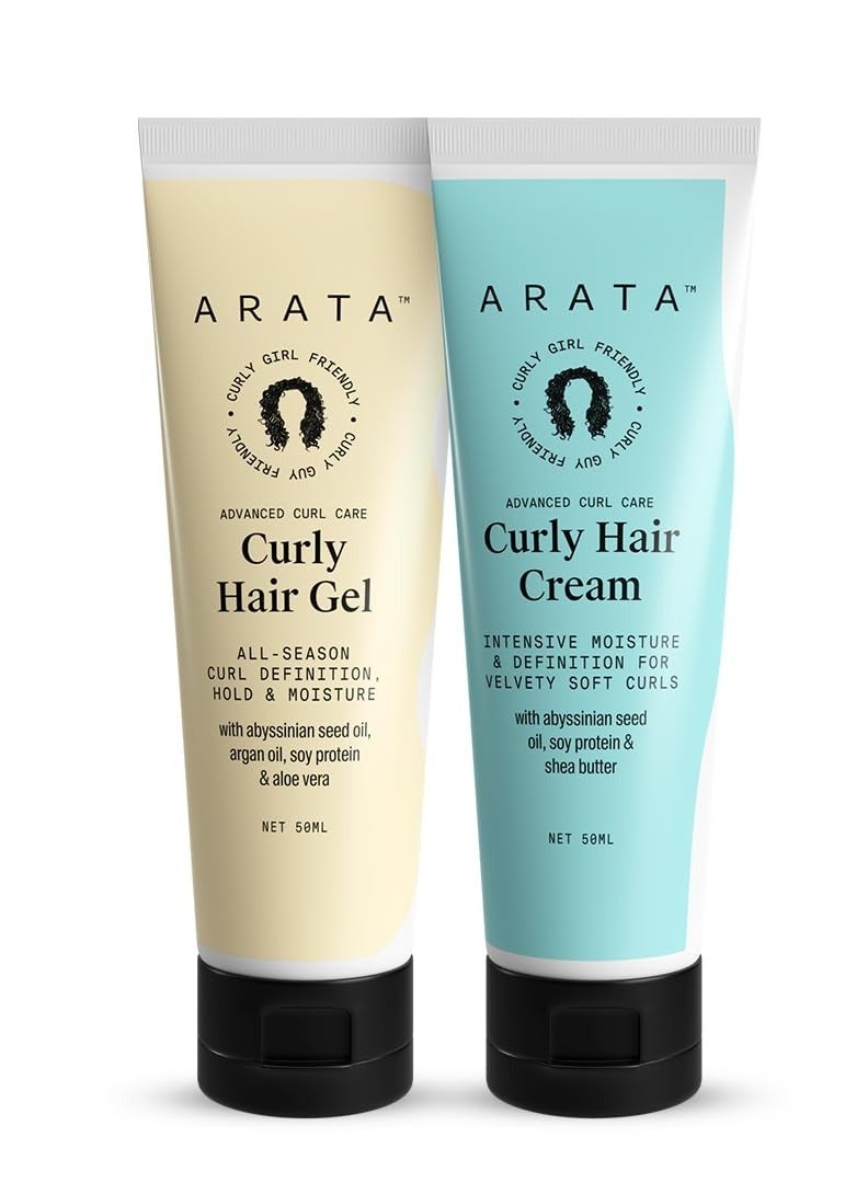 Arata Curl Styling Combo (Mini) - Curl Cream (50ml) + Gel (50ml) For Dry, Frizzy, Wavy, Curly Hair | Reduces Frizz | Moisturises, Hydrates & Defines Curls | Natural Hold | No Sulphate,Paraben,Silicone