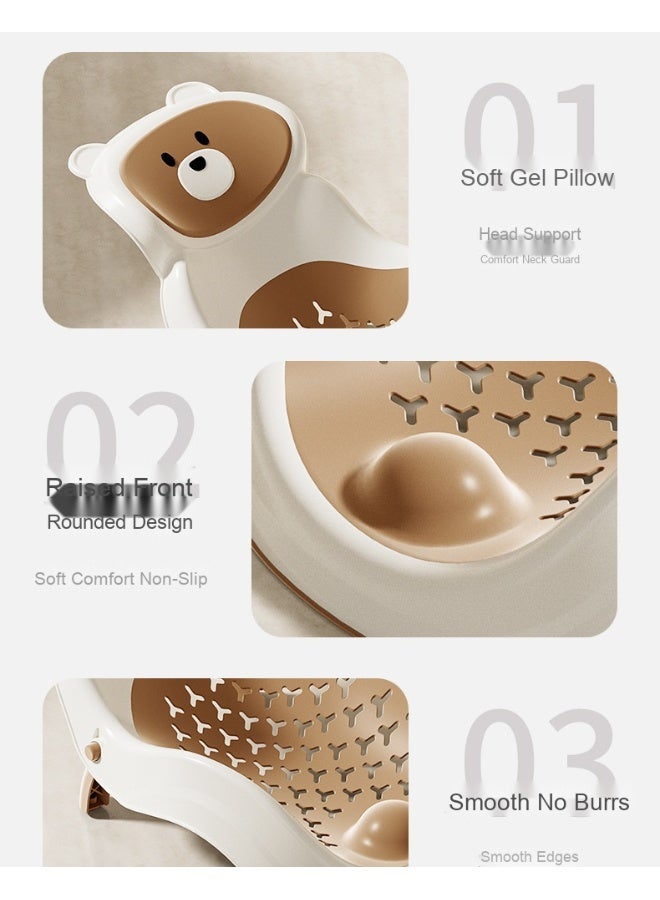 Bear-shaped baby bath seat with inclined headrest, anti-slip, and easy to clean.