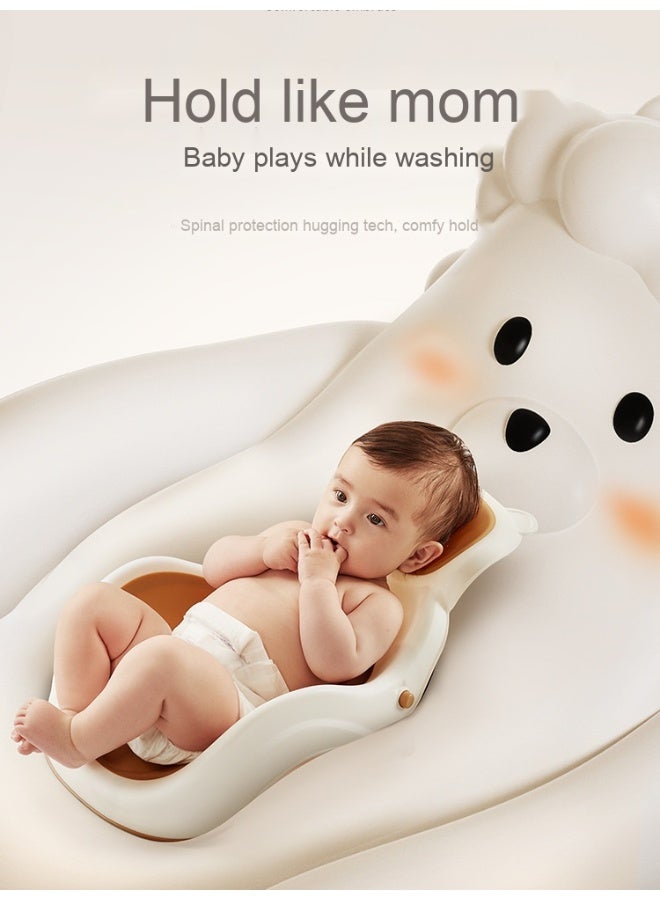 Bear-shaped baby bath seat with inclined headrest, anti-slip, and easy to clean.