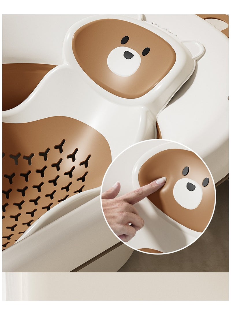 Bear-shaped baby bath seat with inclined headrest, anti-slip, and easy to clean.