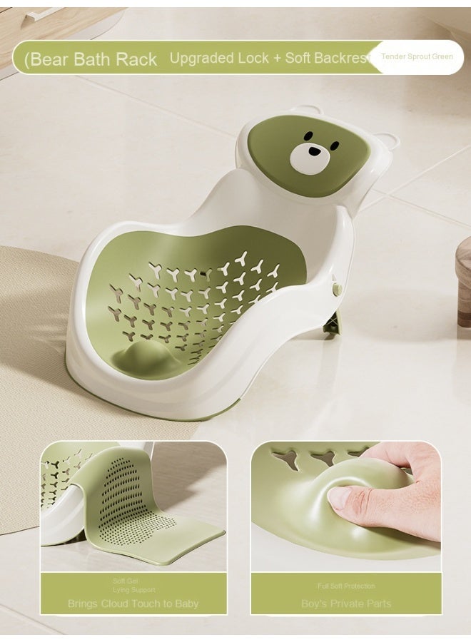 Bear-shaped baby bath seat with inclined headrest, anti-slip, and easy to clean.