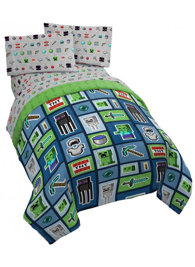 Jay Franco Minecraft Monster Hunters 5 Piece Queen Bed Set - Includes Reversible Comforter & Sheet Set - Bedding Features Creeper - Super Soft Fade Resistant Microfiber (Official Minecraft Product)