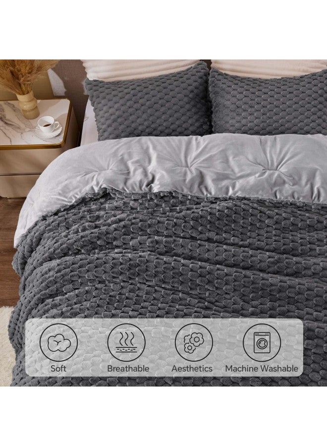 BEDELITE Fluffy King Size Comforter Set - Grey Fleece Soft Comforter for King Size Bed, Luxury Warm Bedding Set for Winter, Fuzzy Bed Set 3 Pieces (1 Comforter, 2 Pillowcases)