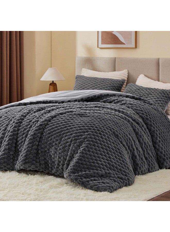 BEDELITE Fluffy King Size Comforter Set - Grey Fleece Soft Comforter for King Size Bed, Luxury Warm Bedding Set for Winter, Fuzzy Bed Set 3 Pieces (1 Comforter, 2 Pillowcases)