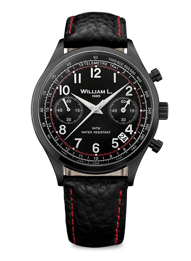 William L. 1985 Men's Vintage Style Chronograph Black Ion Plating with Black Dial and Black Buffalo Strap and Red Stitching Watch - WLIB01NRBNSR