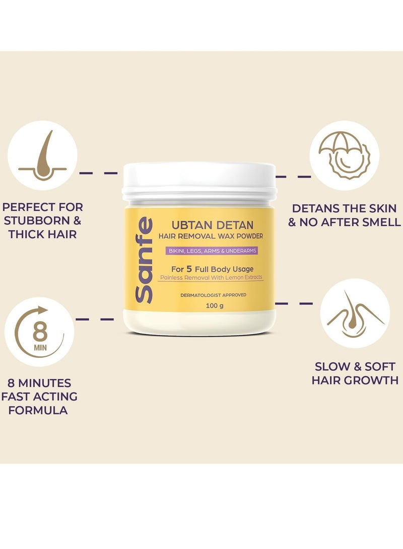 Sanfe Ubtan Detan Hair Removal Wax Powder | 8 Minute Painless | Organic | Bikini, Legs, Arms, Underarms | 100gm