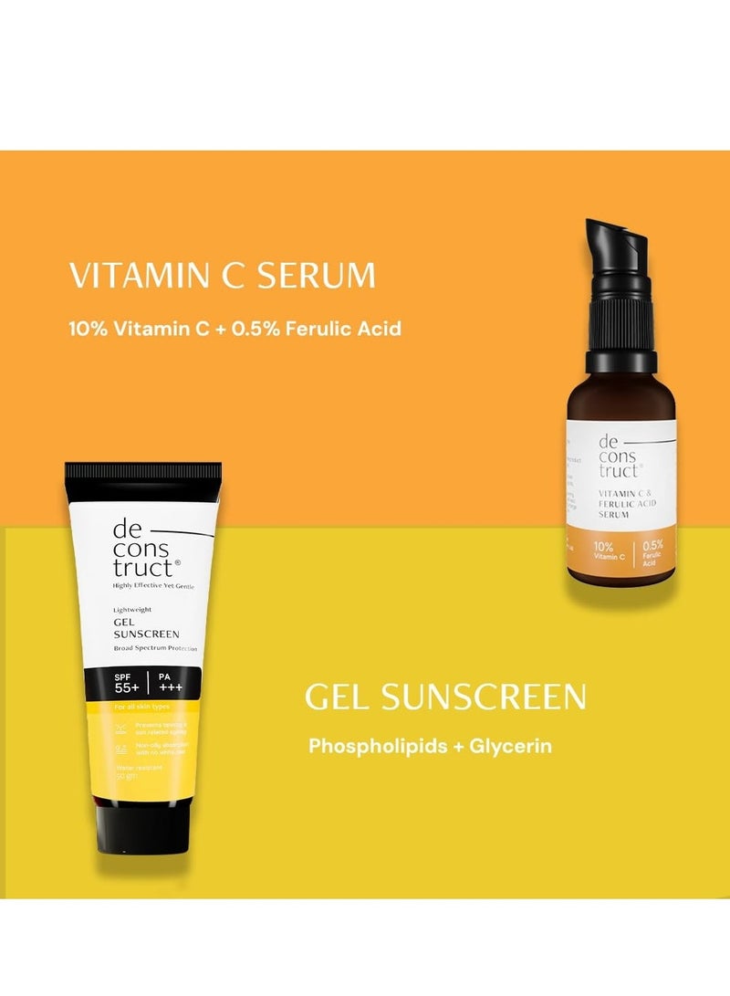 Deconstruct Sun Protect Duo | 10% Vitamin C Face Serum (30 ml) + Gel Sunscreen (50 g) | Get Glowing Skin with Sun Protection | No White Cast, Non Irritating & Lightweight | Pack of 2