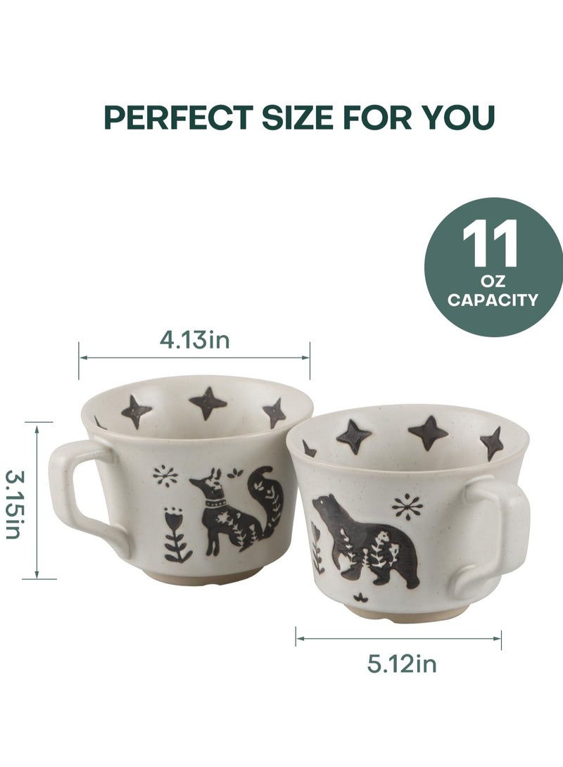 Ceramic Coffee Mug, Set Of 2 11 oz Novelty Unique Tea Cups With Big Handle, Couple Mugs For Mocha Latte Cappuccino Espresso, Best Gifts For Women And Men, Fox And Bear
