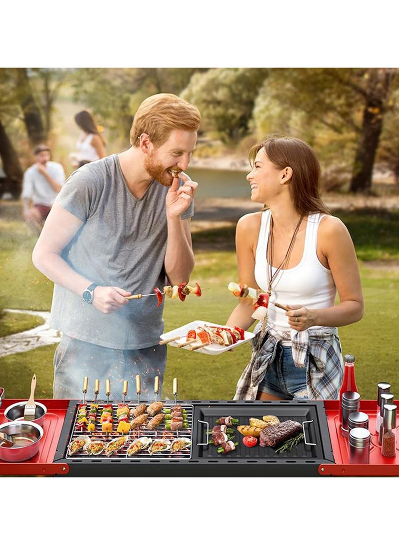 Portable Charcoal Grill BBQ, Outdoor Stainless Steel Barbecue Grill, Folding Portable Go-Anywhere Charcoal Grill for Cooking, Camping,Hiking, Picnic Patio Backyard Large (Black/Red)