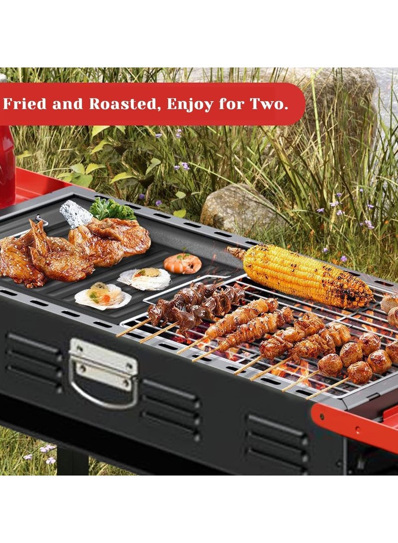 Portable Charcoal Grill BBQ, Outdoor Stainless Steel Barbecue Grill, Folding Portable Go-Anywhere Charcoal Grill for Cooking, Camping,Hiking, Picnic Patio Backyard Large (Black/Red)