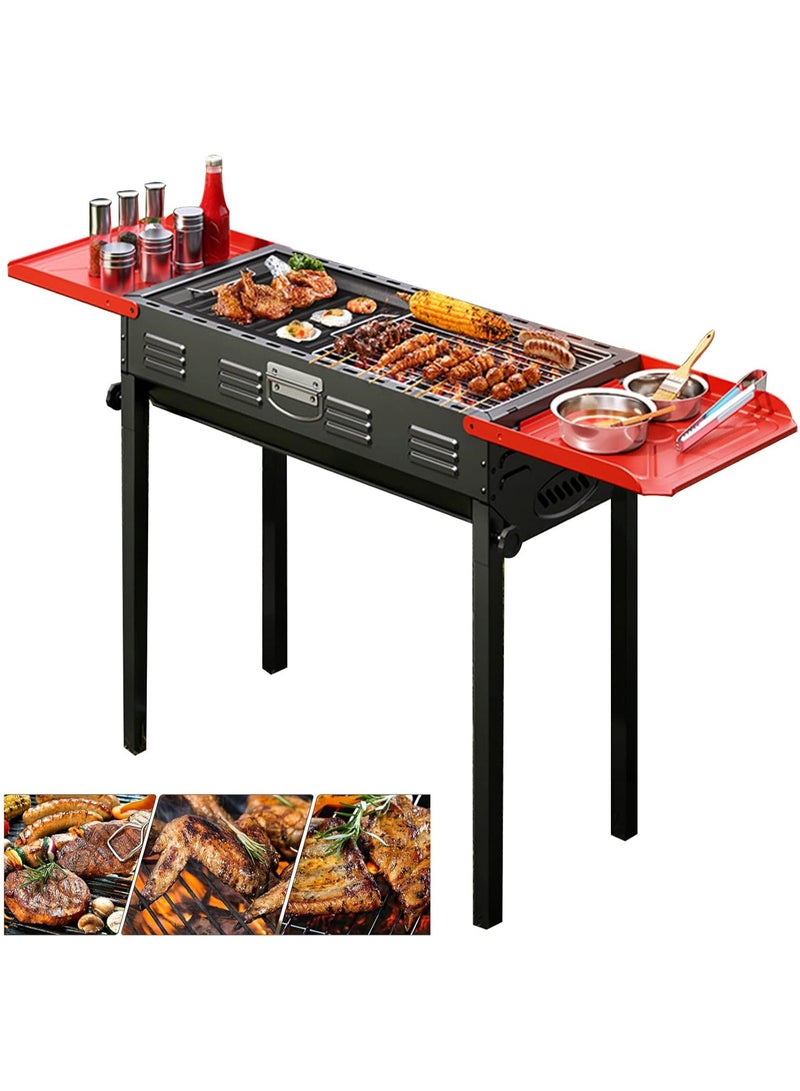 Portable Charcoal Grill BBQ, Outdoor Stainless Steel Barbecue Grill, Folding Portable Go-Anywhere Charcoal Grill for Cooking, Camping,Hiking, Picnic Patio Backyard Large (Black/Red)