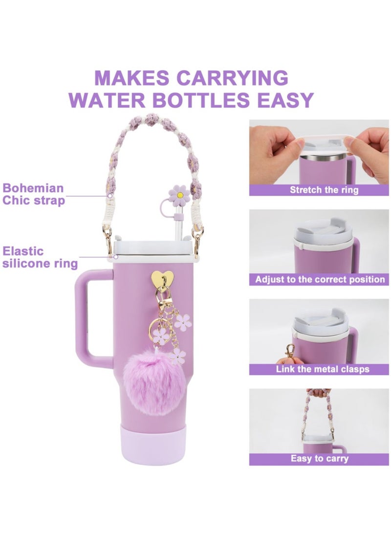 Stanley Cup Accessories Set, Including Water Bottle Handle Strap, Siliocne Stanley Cup Boot, Siliocne Straw Cover, Stanley Charms for Stanley Cup 40oz & 30oz Tumbler,Purple