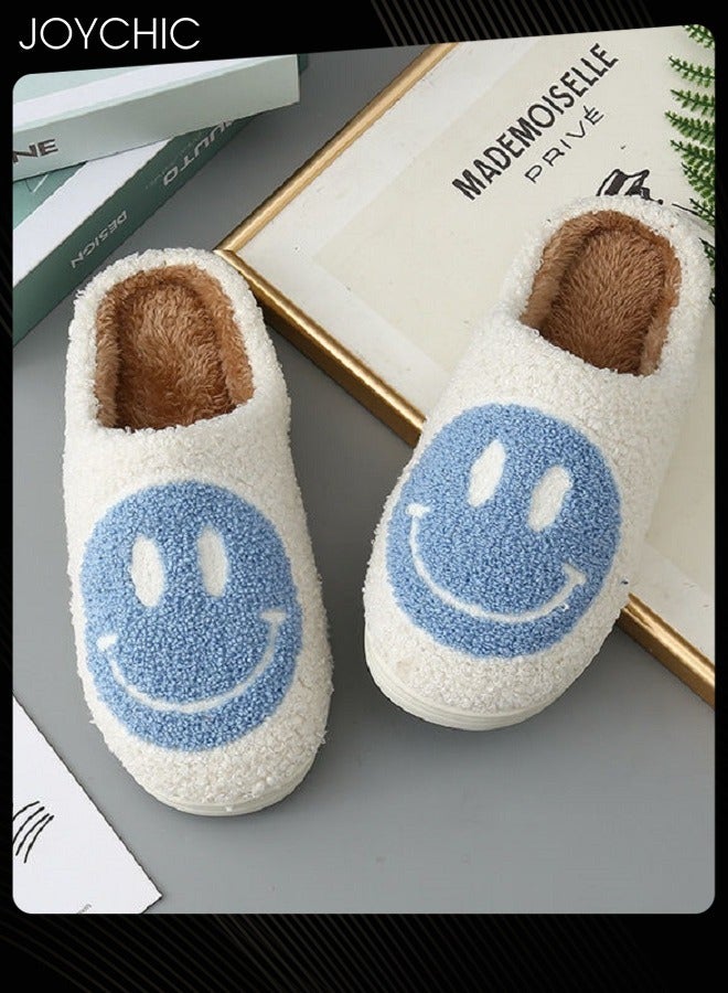 Autumn Winter Warm Smiley Face Designed Bedroom Slippers White/Blue for Women/Men