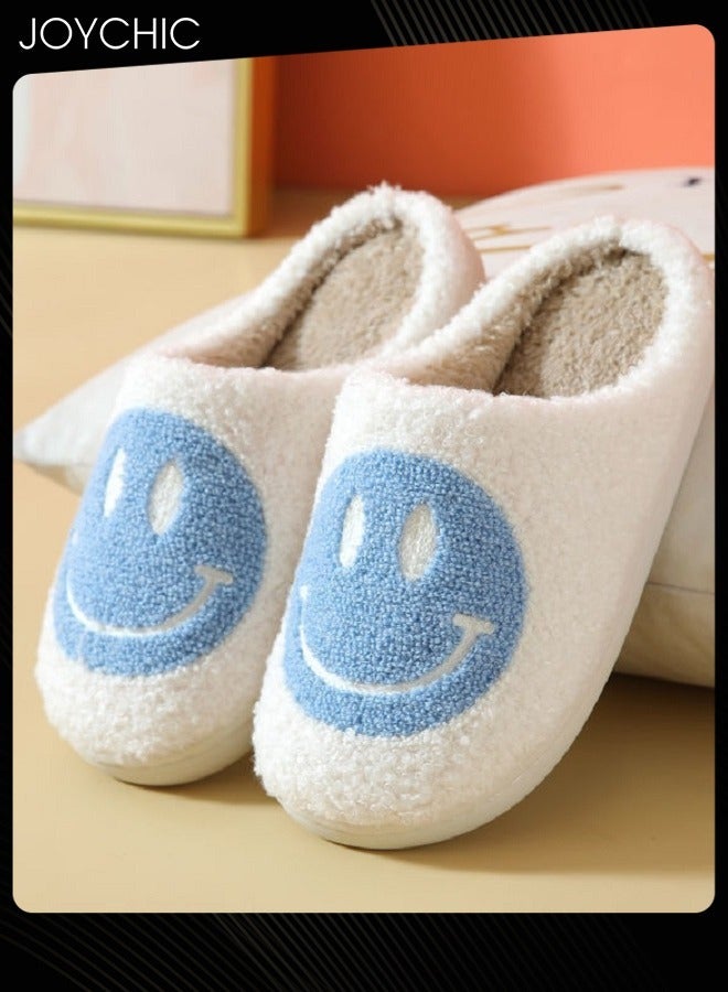 Autumn Winter Warm Smiley Face Designed Bedroom Slippers White/Blue for Women/Men