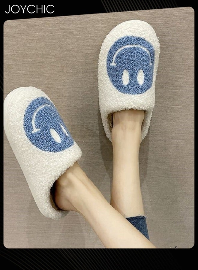 Autumn Winter Warm Smiley Face Designed Bedroom Slippers White/Blue for Women/Men