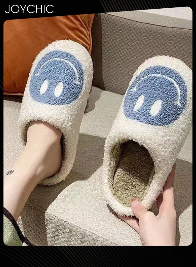 Autumn Winter Warm Smiley Face Designed Bedroom Slippers White/Blue for Women/Men