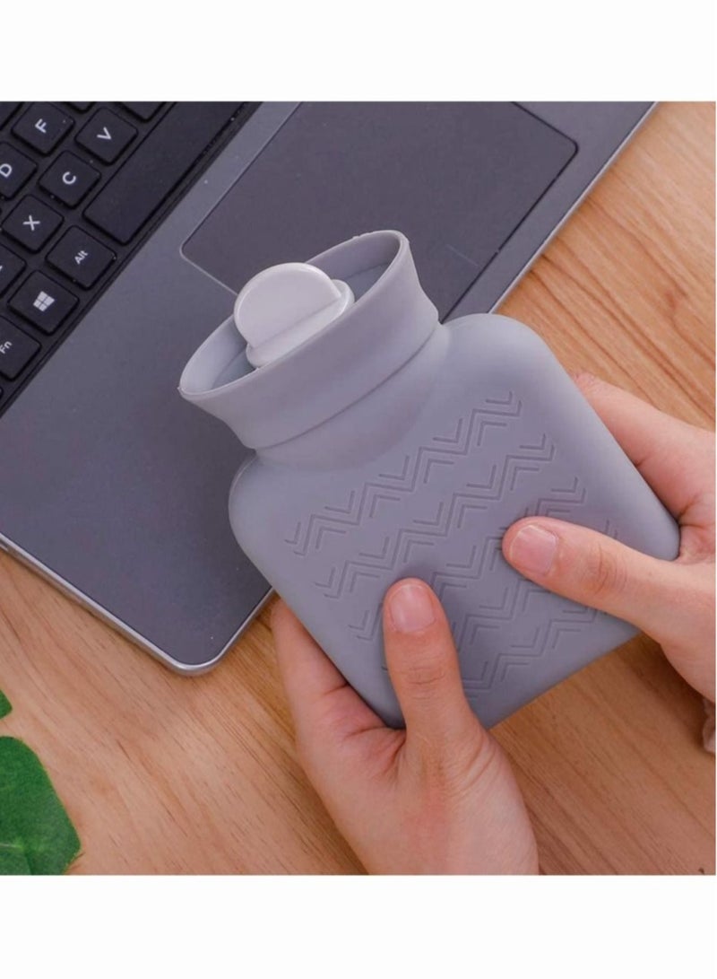 Hot Water Pouch with Knit Cover,  Water Filled Heating Bottle Hot Water Bag, Small Lovely and Reusable Warm Water Bag, Microwave Oven Heating Available, Light Gray 10.3x16 cm