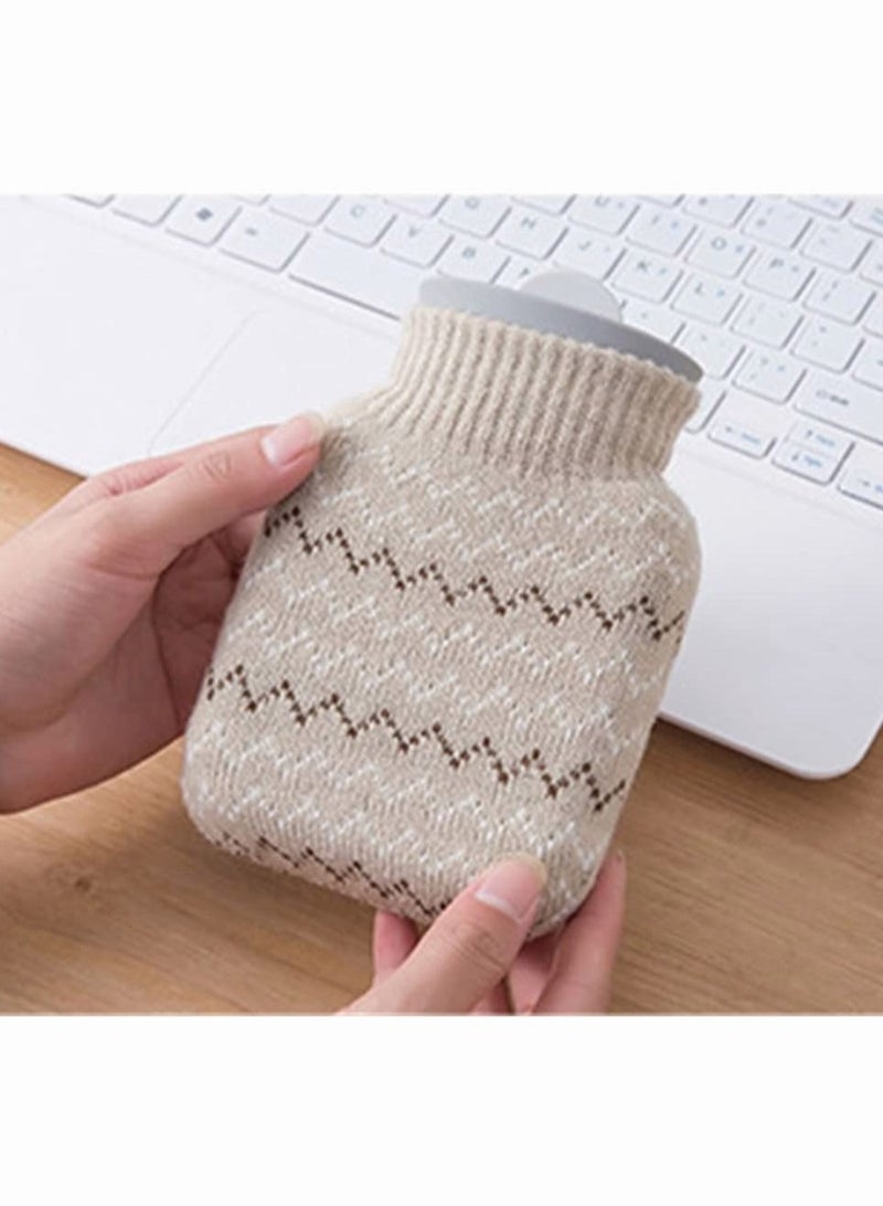 Hot Water Pouch with Knit Cover,  Water Filled Heating Bottle Hot Water Bag, Small Lovely and Reusable Warm Water Bag, Microwave Oven Heating Available, Light Gray 10.3x16 cm