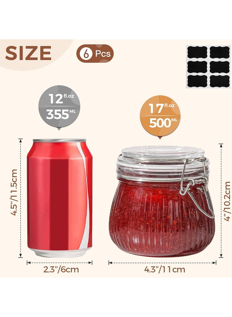 Airtight Glass jar with lid 17oz Set of 6, Glass Storage Containers with Lids, Glass Canister, Small Striped Clip Fastening Jar for Kitchen Canning, Overnight Oats, Pickle, Sugar, Spice