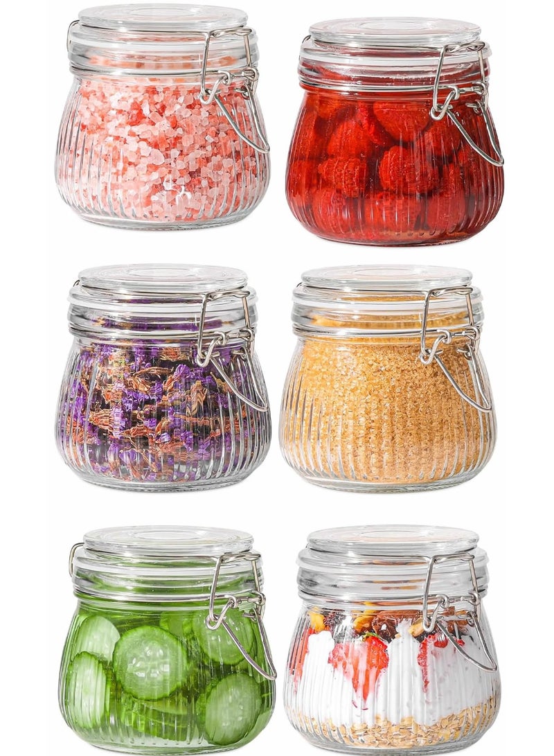 Airtight Glass jar with lid 17oz Set of 6, Glass Storage Containers with Lids, Glass Canister, Small Striped Clip Fastening Jar for Kitchen Canning, Overnight Oats, Pickle, Sugar, Spice