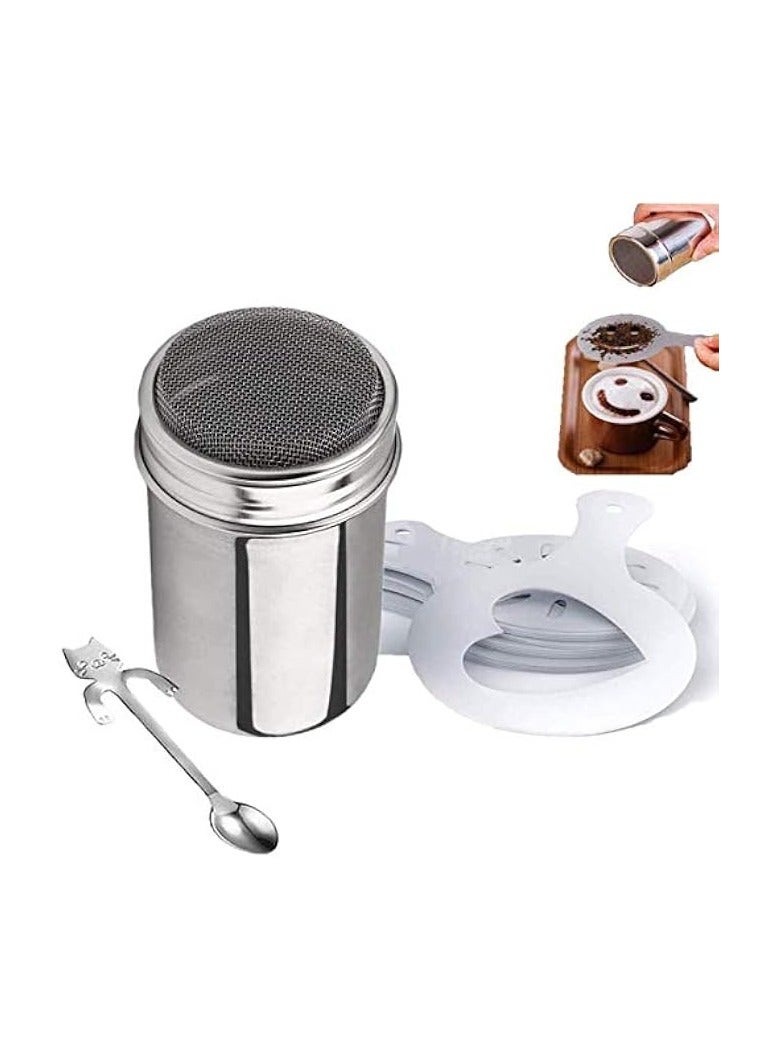 Chocolate Shaker Cappuccino Stainless Steel 16 Coffee Cappuccino Latte Decorating Stencils + Cat Coffee Spoon for Cocoa Powder Cinnamon Powder Sugar Flour Coffees