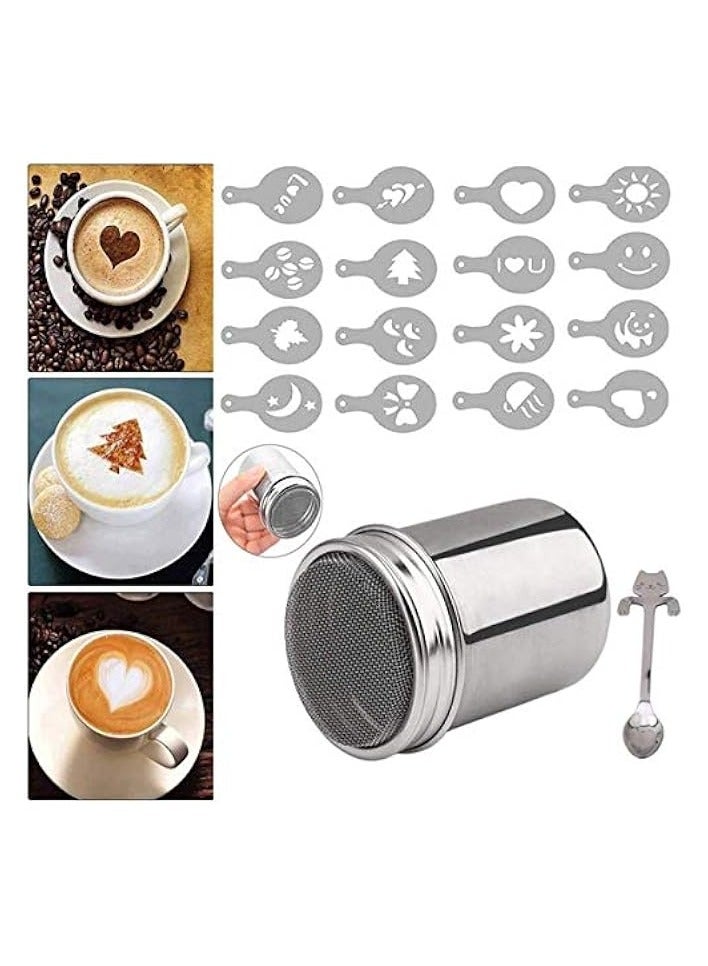 Chocolate Shaker Cappuccino Stainless Steel 16 Coffee Cappuccino Latte Decorating Stencils + Cat Coffee Spoon for Cocoa Powder Cinnamon Powder Sugar Flour Coffees