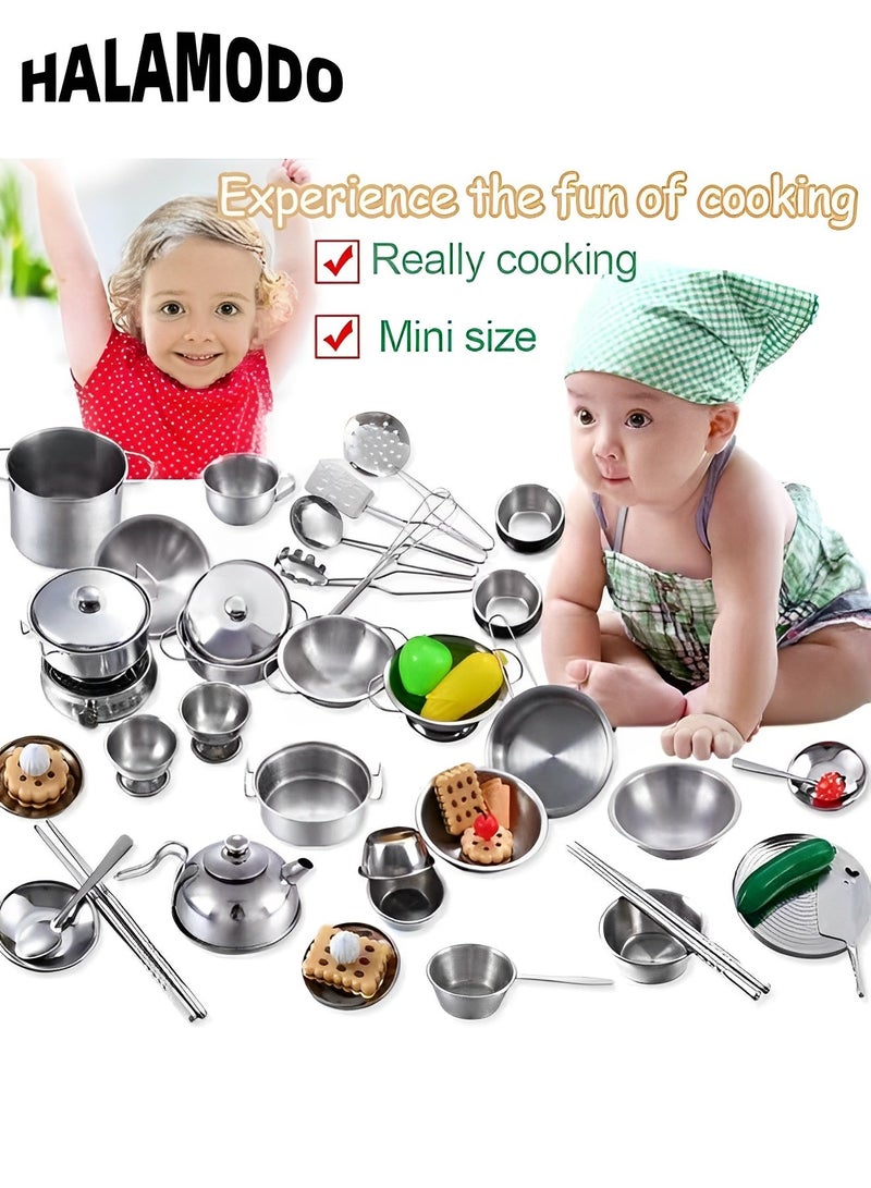 16PCS Kitchen Pretend Play Toys with Stainless Steel Cookware Pots and Pans Set Cooking Utensils Cookware Play Accessories Toys for Kids & Girls & Boys & Toddlers