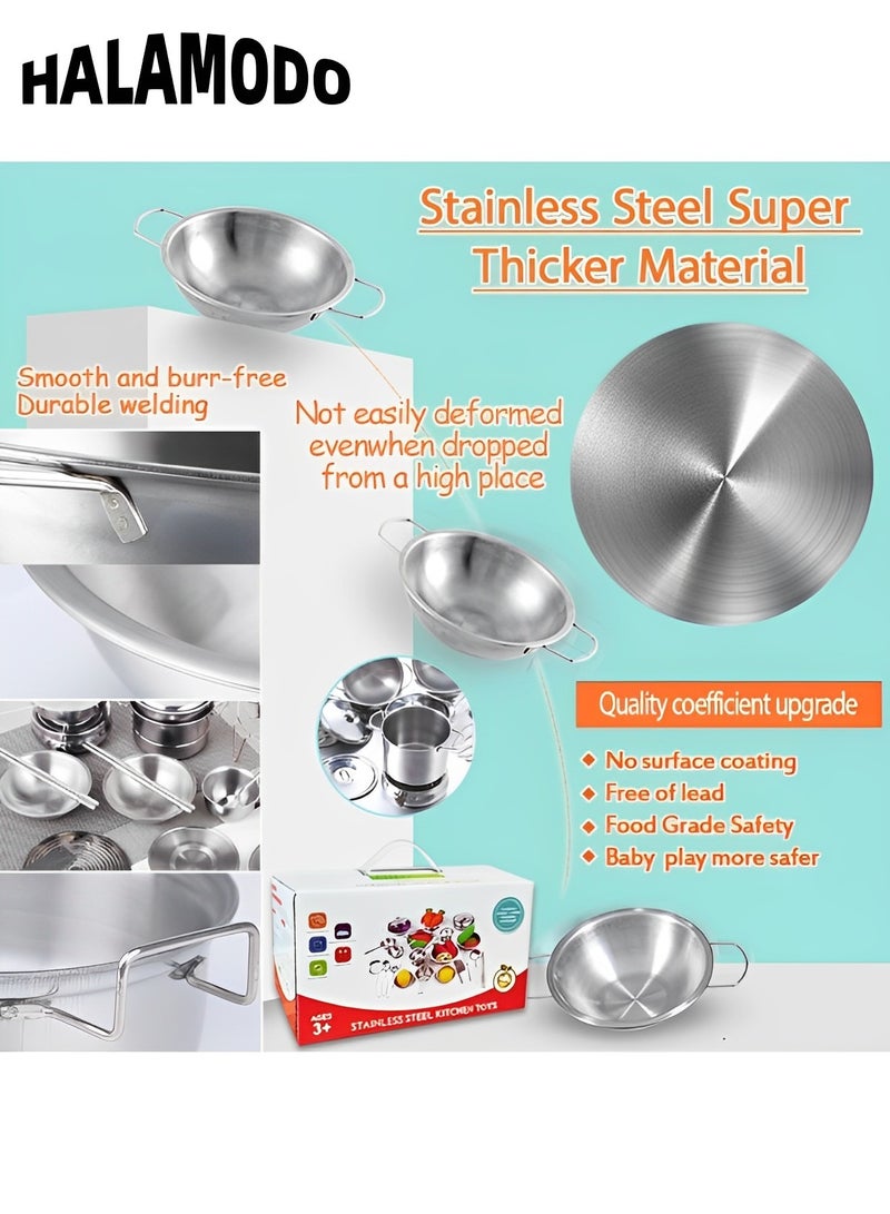 16PCS Kitchen Pretend Play Toys with Stainless Steel Cookware Pots and Pans Set Cooking Utensils Cookware Play Accessories Toys for Kids & Girls & Boys & Toddlers